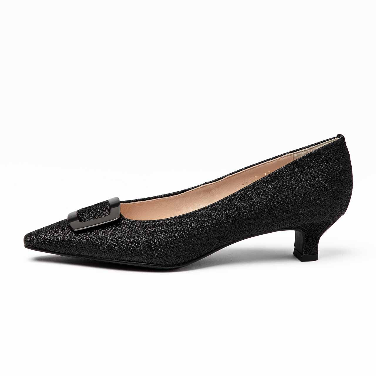 バックルヒールパンプス/ブラックメタ