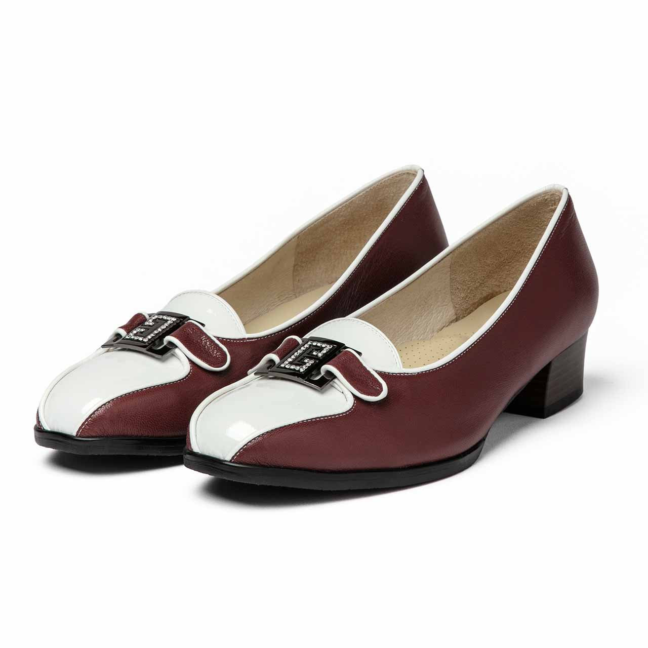 ベルトコンビローヒールパンプス/ワイン