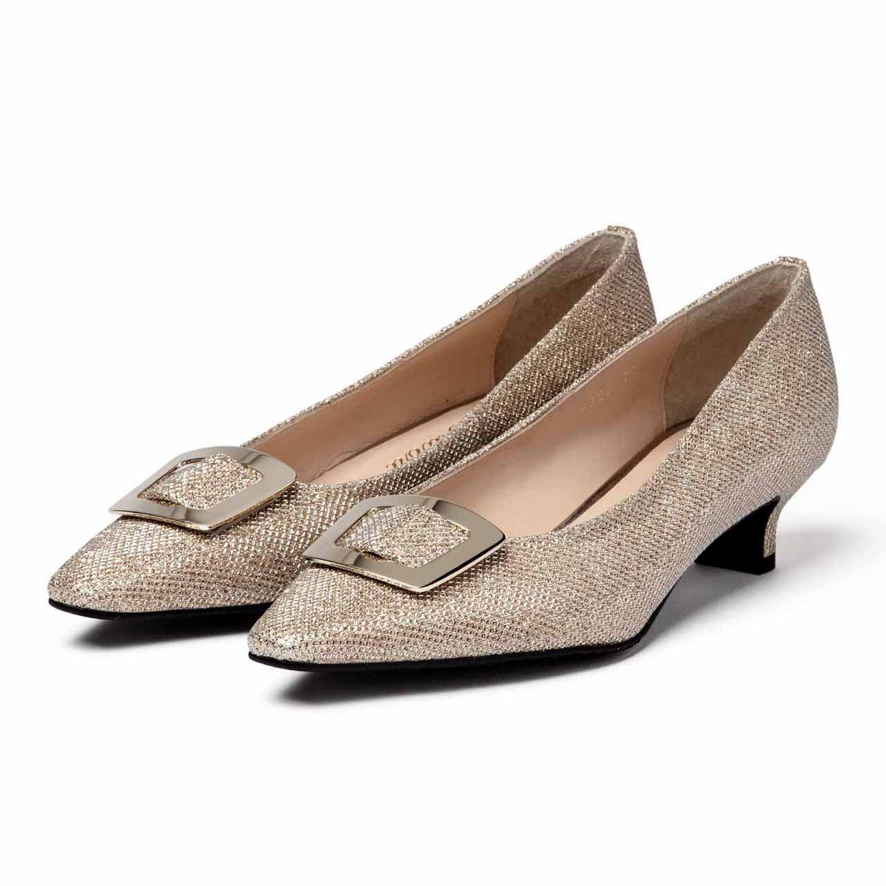 バックルヒールパンプス/ゴールドラメ