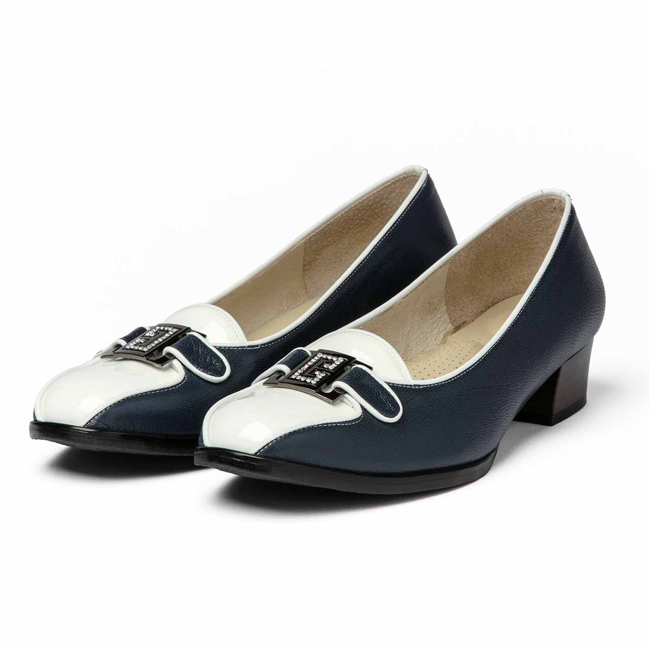 ベルトコンビローヒールパンプス／ネイビー