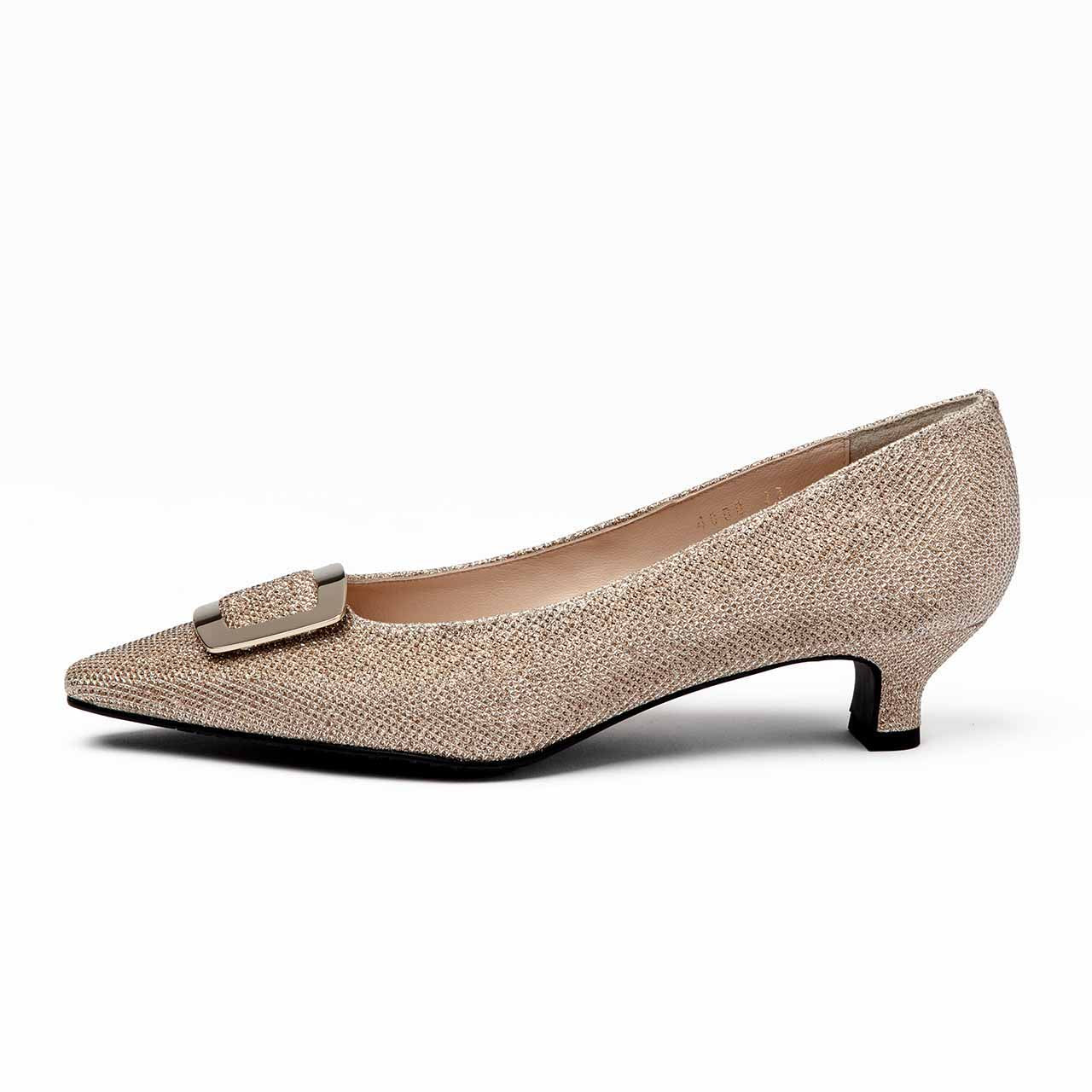 バックルヒールパンプス／ゴールドラメ