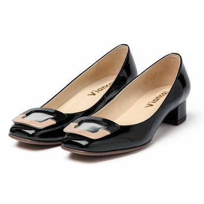 バイカラーバックル付きカッターパンプス／ブラックE